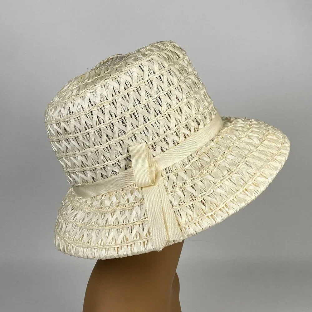 Vintage Wide Brim Straw Hat Ivory with Ribbon Bow Accent Union Made in USA